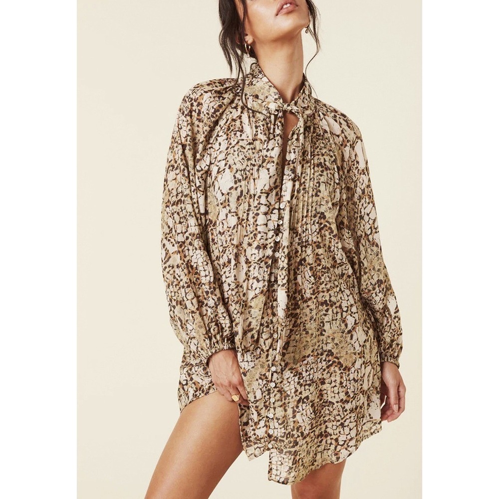 Spell & The Gypsy Collective Brown Animal Print Pleated Tunic Blouse Medium